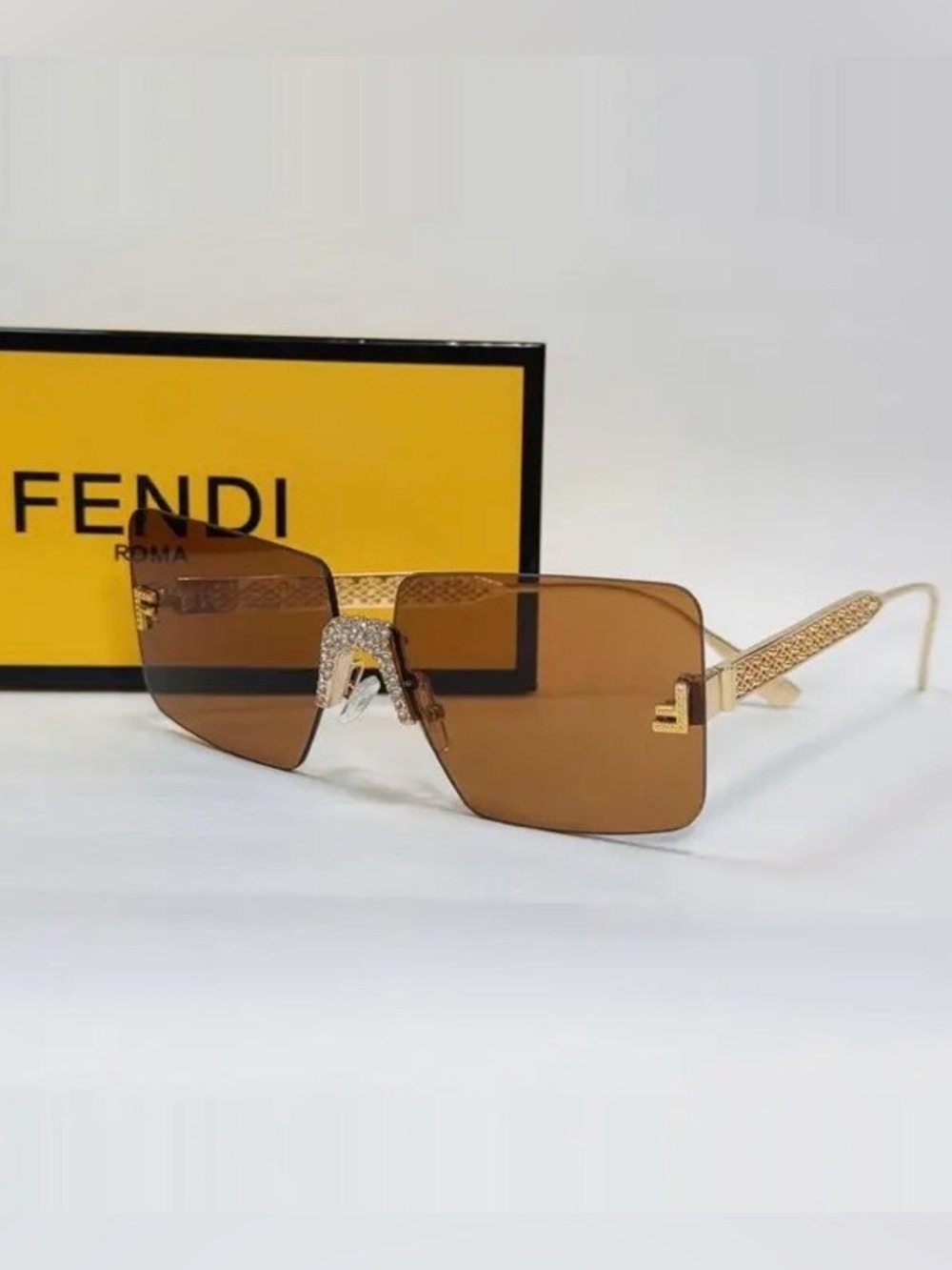 Fendi First Crystal Brown Gradient Rimless Crystal Square Sunglasses Gold
